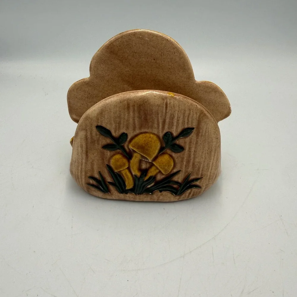 Vintage 70s Ceramic Mushroom Napkin Holder Yellow Brown Retro Kitchen Decor